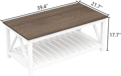 ChooChoo Farmhouse Coffee Table, Rustic Vintage Living Room Table with Shelf, 40 White — White / 40 Inches (2)