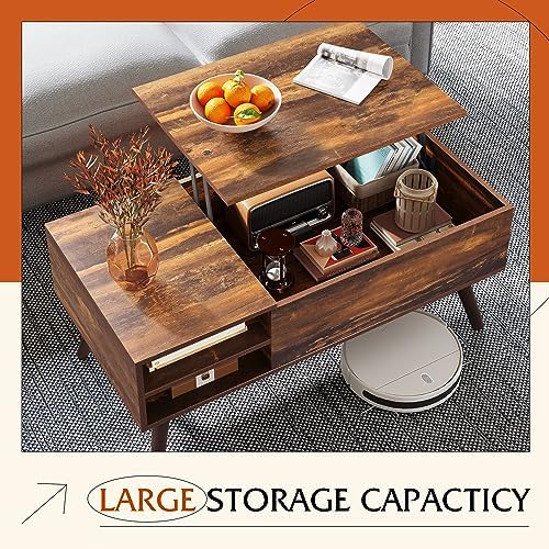 WLIVE Coffee Table with Lifting Top, Hidden Storage & Adjustable Shelf for Living Room Small Space, Multifunctional Rising Wooden Center Table, Mid Century Modern Tables for Home Dining Office, Brown