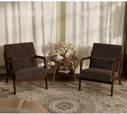 Garvee Mid-Century Chenille Accent Chair, Cozy Reading Chair, Modern Lounge Armchair with Lumbar Pillow, Solid Wood Frame, for Living Room, Bedroom, Office, Beige — Brown-sherpa / 1 Pack