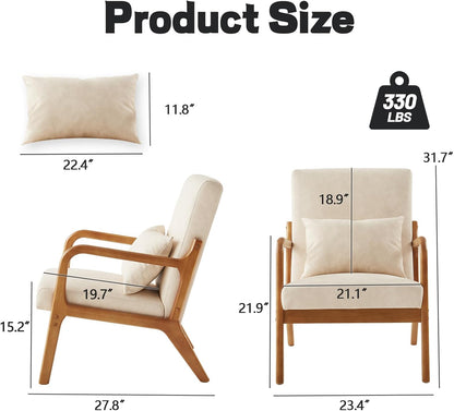 Achicsofar Accent Chair Mid Century Modern Armchair with Lumbar Support Pillow Wood Legs PU Leather Upholstered Lounge Chairs Comfy High Back Cushion for Living Room Bedroom — Beige White / Large Size (2)