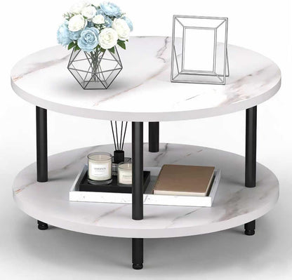 FAMIDGE Coffee Table, 23.6" Coffee Tables for Living Room, Round Coffee Table with Metal Frame, Floor Table for Sitting on The Floor, Home, Office, Black — Style2 White(23.6dx18.1h) / 2 Tier