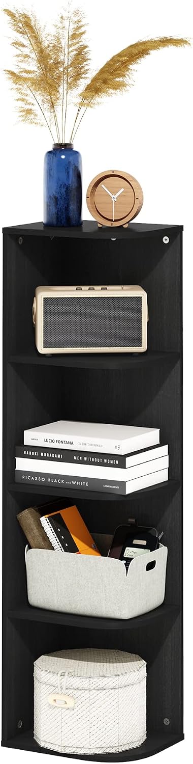 Furinno LUDER Book Shelf, 5-Cube Bookshelf, Reversible Bookcase, 9.4 x 19.5 x 31.5, Easy Assembly, for Living Room, Bedroom, Home Office, White — Blackwood / 4-Tier Corner