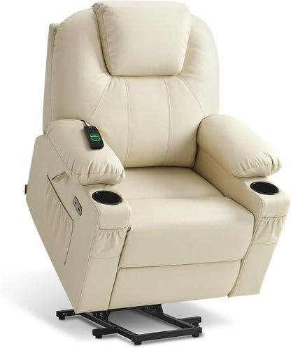 MCombo Electric Power Lift Recliner Chair Sofa with Massage and Heat for Elderly, 3 Positions, 2 Side Pockets, and Cup Holders, USB Ports, Faux Leather 7040 (Grey, Medium) — Large / Cream White