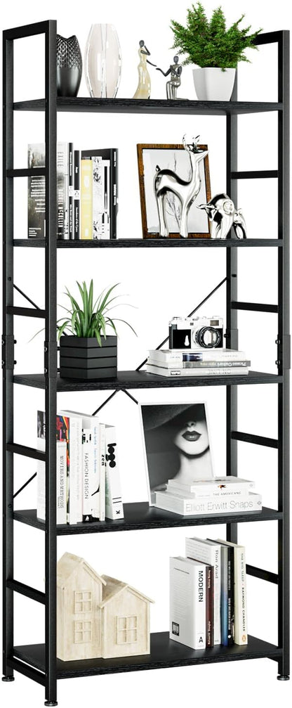 NUMENN 5 Tier Bookshelf, Tall Bookcase Shelf Storage Organizer, Modern Book Shelf for Bedroom, Living Room and Home Office, Vintage — 5 Tier / Black
