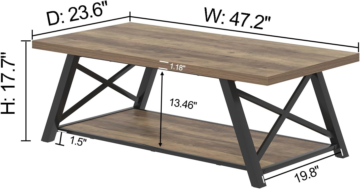 EXCEFUR Modern Coffee Table, Rectangle Center Table for Living Room with Storage Shelf, Industrial Wood and Metal Cocktail Tea Table, Rustic Oak, 47 Inch — Rustic Oak (2)