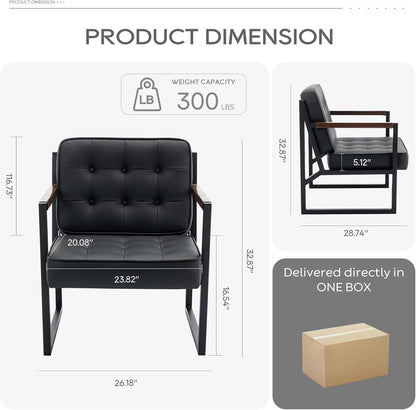 COLAMY Mid Century Modern Accent Chair Set of 2, Comfy Living Room Chair, Black Leather Accent Chair, Faux Leather Reception Armchair with Metal Legs for Living Room Bedroom Reception Office, Black — Black / Set of 2 (2)