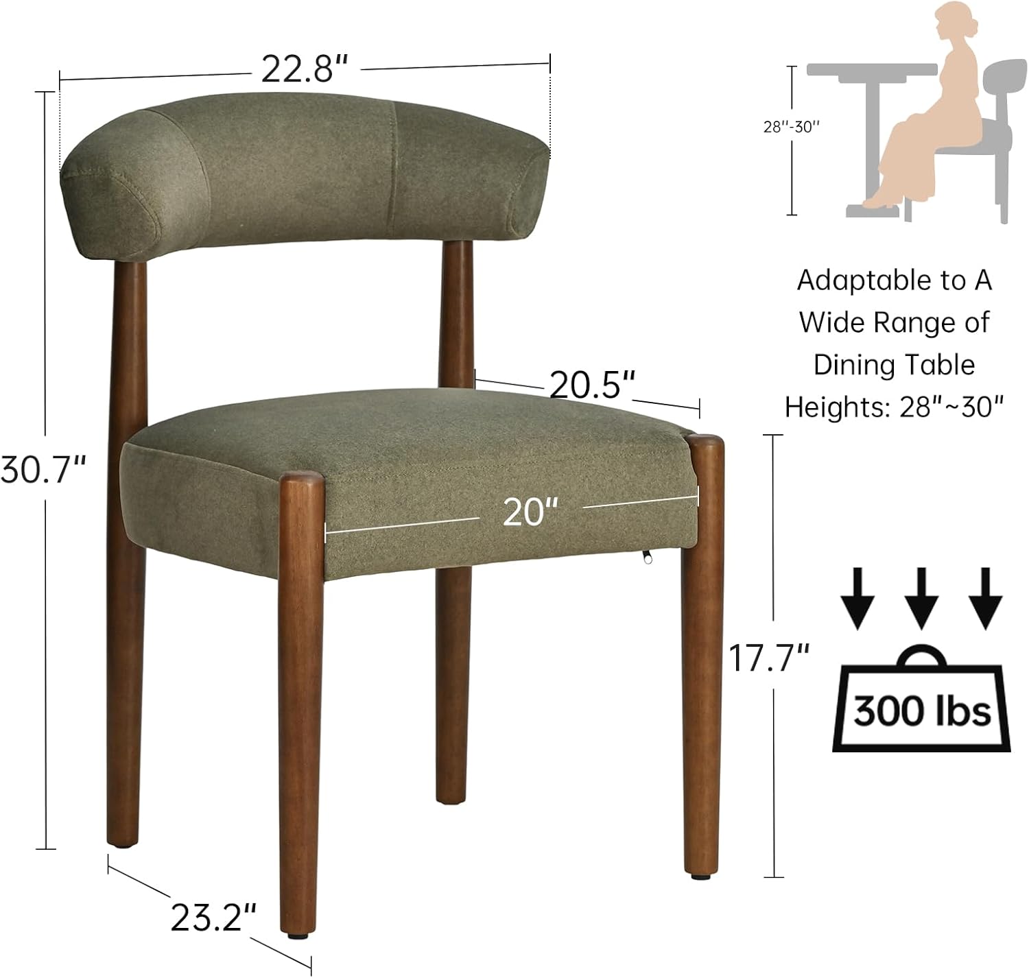 VKNOW Wooden Dining Chairs Set of 4, Modern Upholstered Dining Room Chairs with Walnut Wood Legs and Curved Backrest, Fabric Kitchen Chairs for Farmhouse/Living Room/Dining Room, Green — Set of 4 / Green (2)