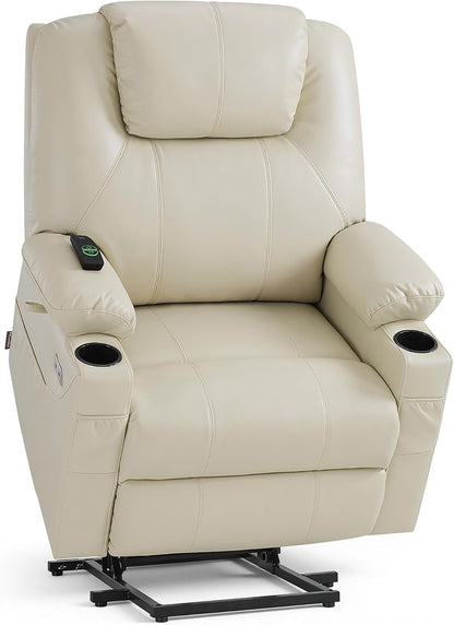 MCombo Electric Power Lift Recliner Chair Sofa with Massage and Heat for Elderly, 3 Positions, 2 Side Pockets, and Cup Holders, USB Ports, Faux Leather 7040 (Grey, Medium) — Small-Wide / Cream White