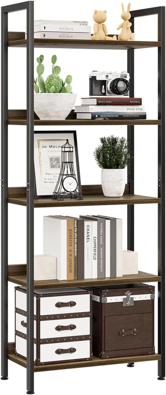 NUMENN Bookshelf, 5 Tier Bookshelves, Home Office Bookcase Shelf Storage Organizer, Free Standing Storage Shelving Unit for Bedroom, Living Room and Home Office, Vintage — 5 Tier(Wide) / Dark Walnut