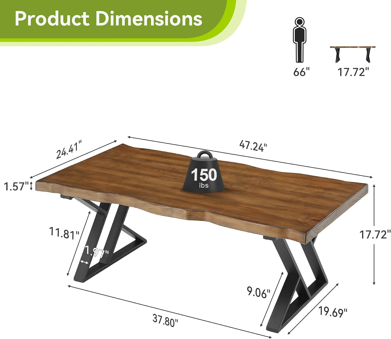 47 Inch Solid Wood Coffee Table with X-Shaped Metal Legs for Living Room | Pinewood Tabletop, Wavy Sihouette Design, Adjustable Foot Pads, Spacious Accent Center Table for Daily Storage & Display