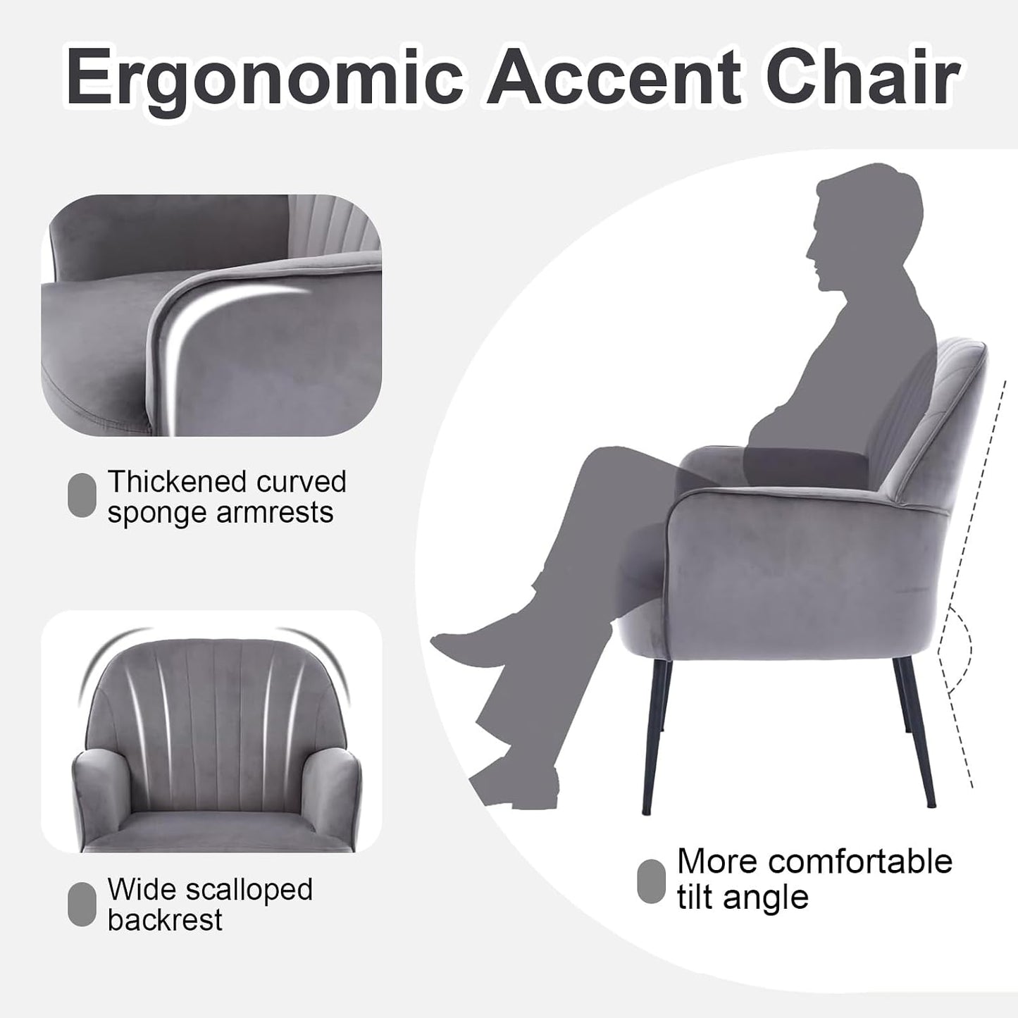 Velvet Accent Chair, Channel Tufted Shell Back Armchair, Ergonomic Upholstered Reading Chair with Wood Legs, Modern Single Sofa Chair for Living Room, Bedroom, Vanity (Gray) — Grey (3)