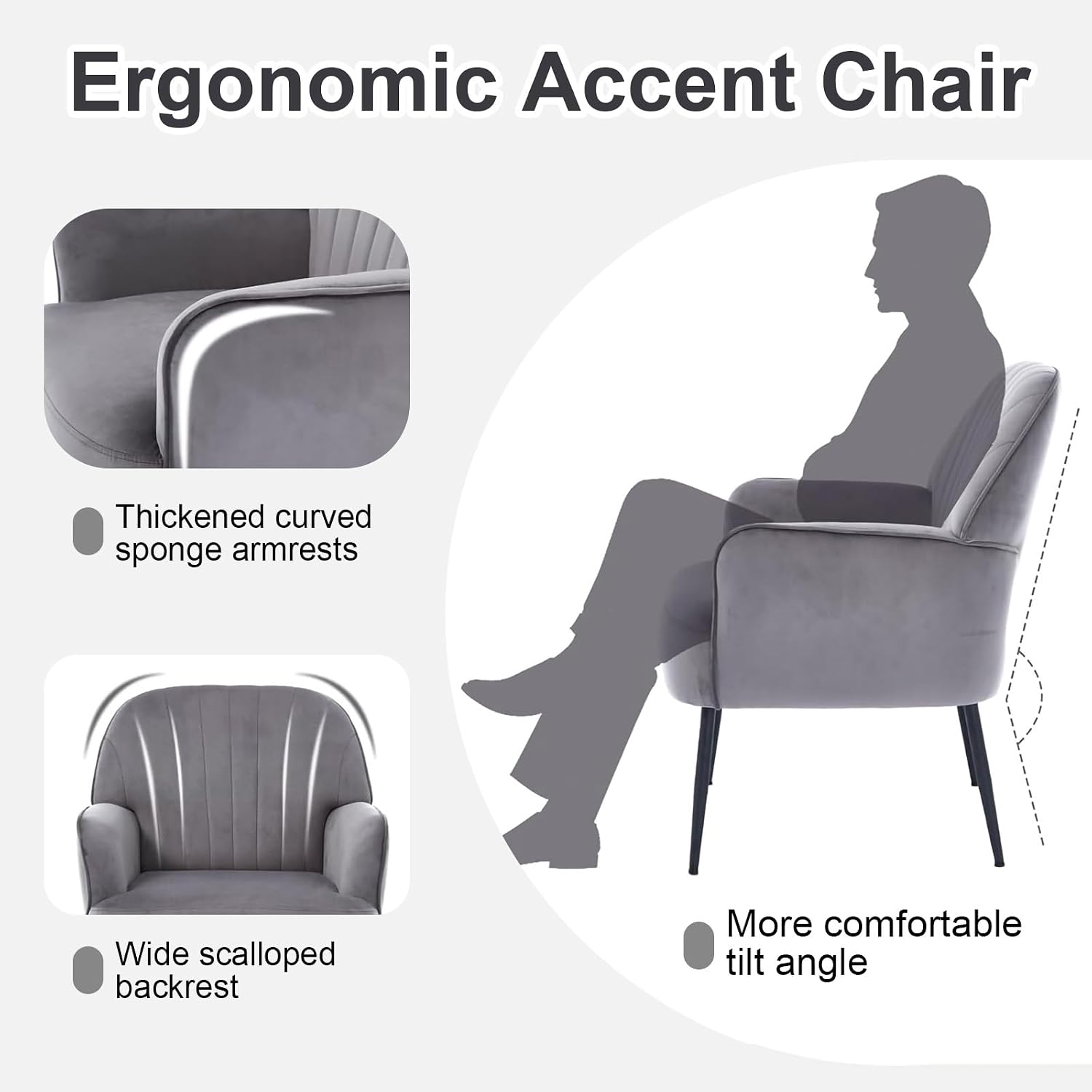 Velvet Accent Chair, Channel Tufted Shell Back Armchair, Ergonomic Upholstered Reading Chair with Wood Legs, Modern Single Sofa Chair for Living Room, Bedroom, Vanity (Gray) — Grey (3)