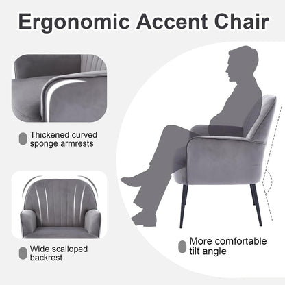 Velvet Accent Chair, Channel Tufted Shell Back Armchair, Ergonomic Upholstered Reading Chair with Wood Legs, Modern Single Sofa Chair for Living Room, Bedroom, Vanity (Gray) — Grey (3)