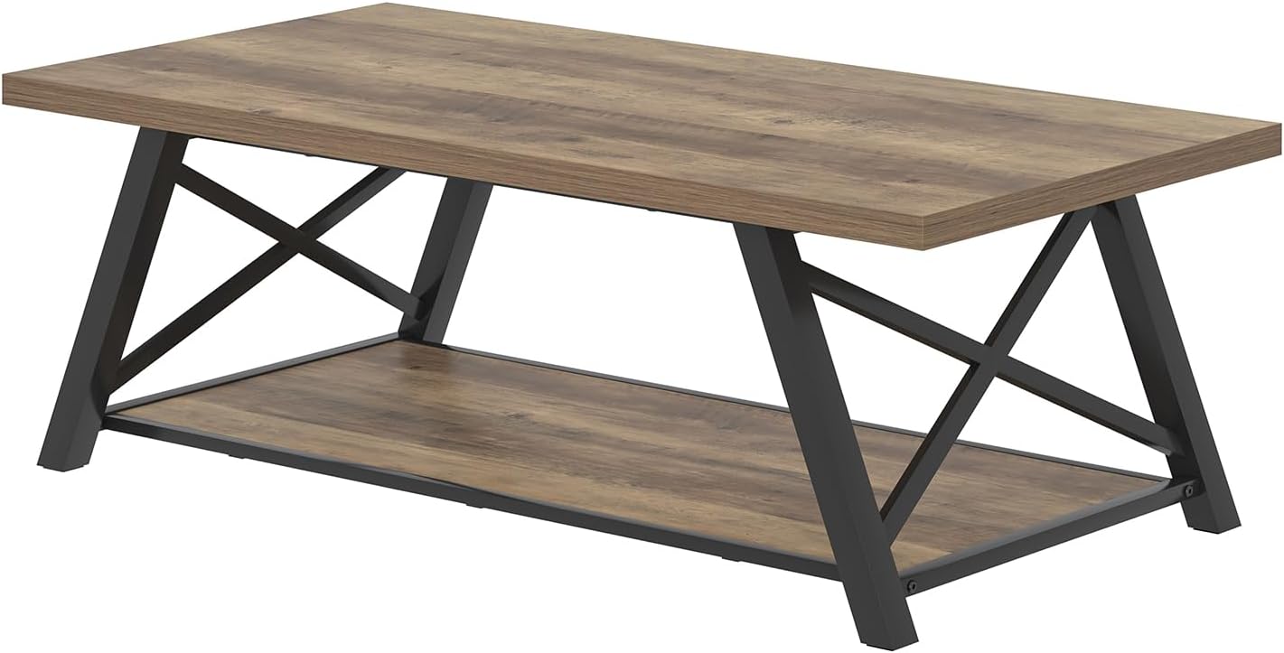 EXCEFUR Modern Coffee Table, Rectangle Center Table for Living Room with Storage Shelf, Industrial Wood and Metal Cocktail Tea Table, Rustic Oak, 47 Inch — Rustic Oak (9)