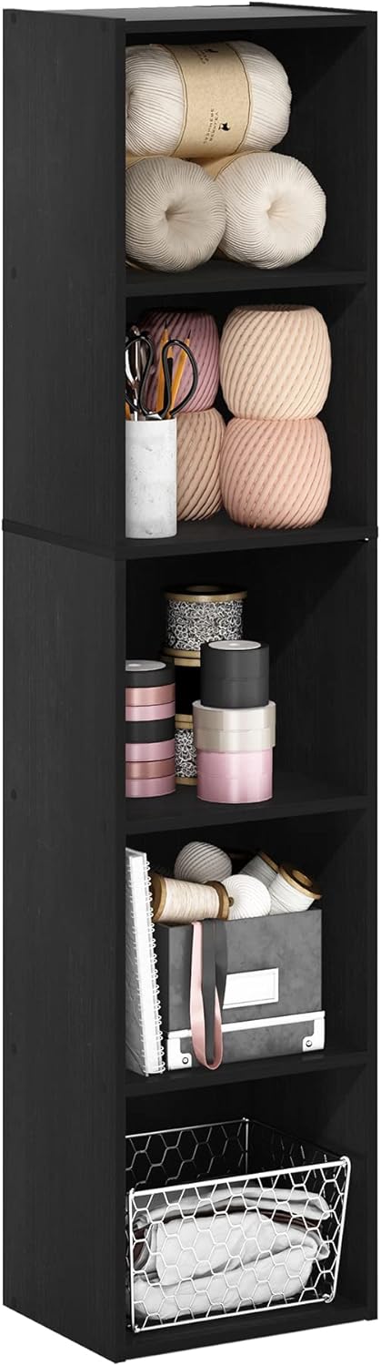 Furinno LUDER Book Shelf, 5-Cube Bookshelf, Reversible Bookcase, 9.4 x 19.5 x 31.5, Easy Assembly, for Living Room, Bedroom, Home Office, White — Blackwood / 5-Tier Cube