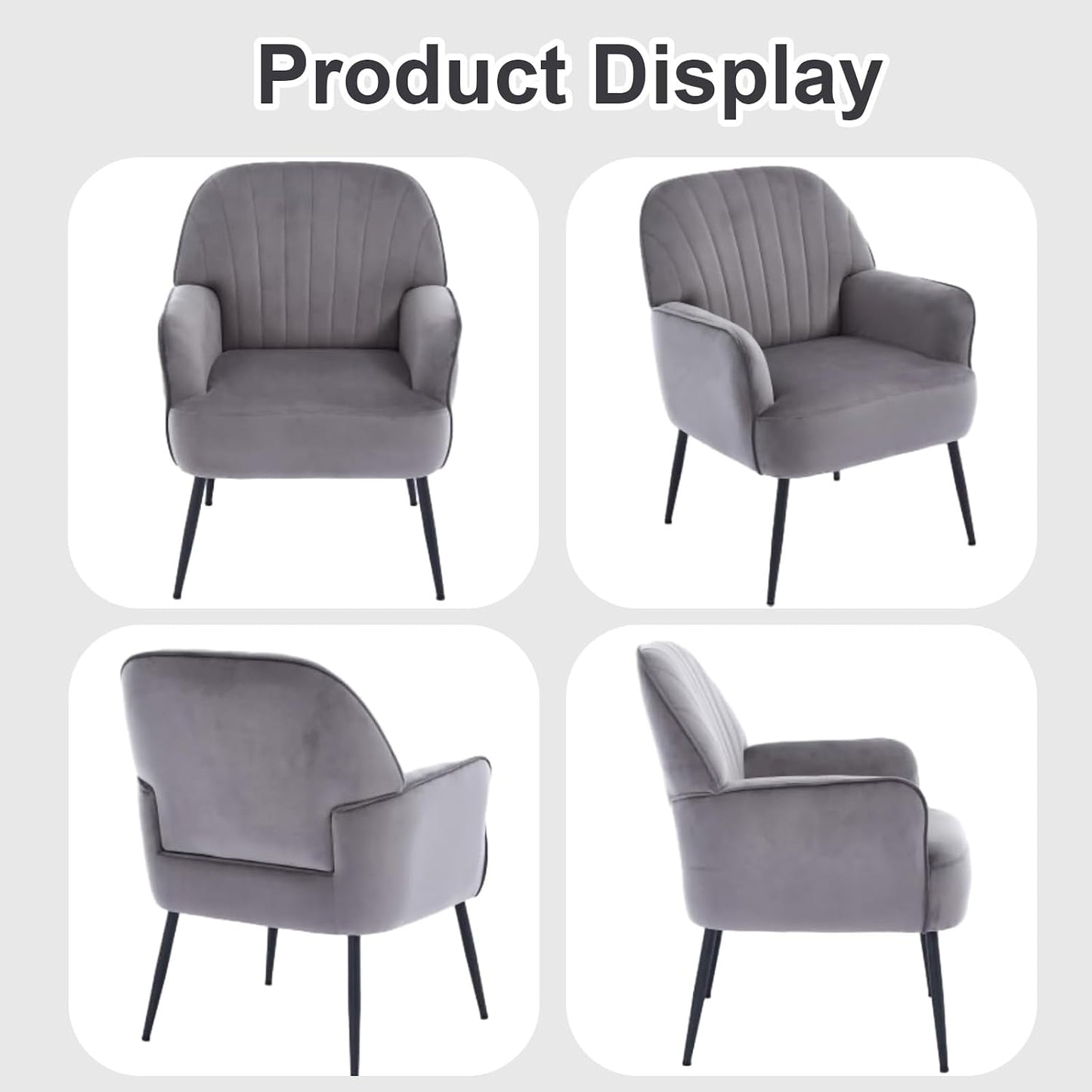 Velvet Accent Chair, Channel Tufted Shell Back Armchair, Ergonomic Upholstered Reading Chair with Wood Legs, Modern Single Sofa Chair for Living Room, Bedroom, Vanity (Gray) — Grey (6)