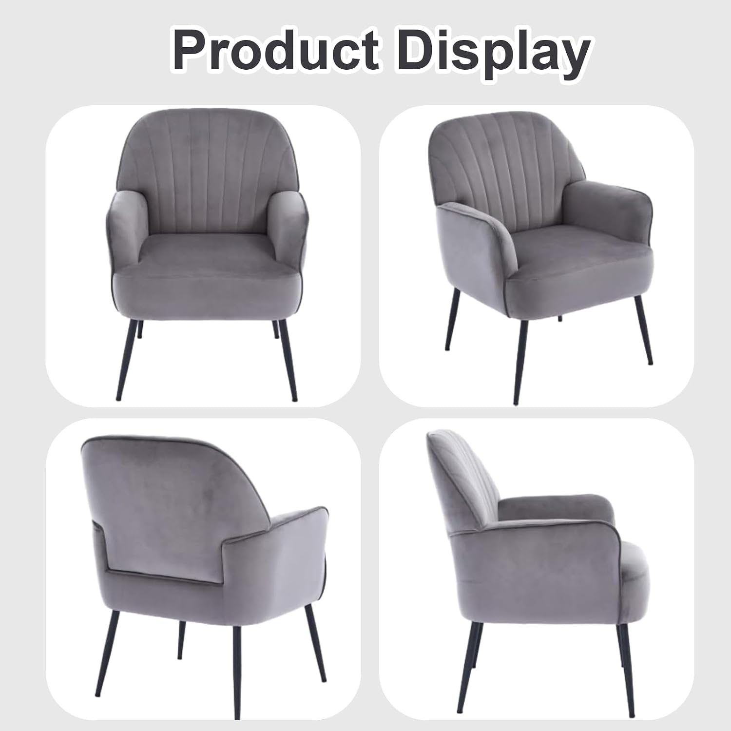Velvet Accent Chair, Channel Tufted Shell Back Armchair, Ergonomic Upholstered Reading Chair with Wood Legs, Modern Single Sofa Chair for Living Room, Bedroom, Vanity (Gray) — Grey (6)