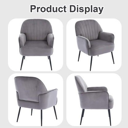 Velvet Accent Chair, Channel Tufted Shell Back Armchair, Ergonomic Upholstered Reading Chair with Wood Legs, Modern Single Sofa Chair for Living Room, Bedroom, Vanity (Gray) — Grey (6)