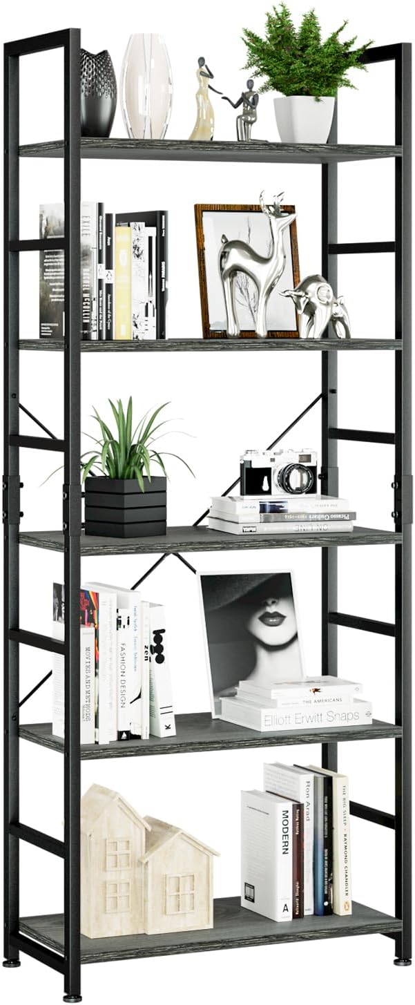 NUMENN 5 Tier Bookshelf, Tall Bookcase Shelf Storage Organizer, Modern Book Shelf for Bedroom, Living Room and Home Office, Vintage — 5 Tier / Dark Grey