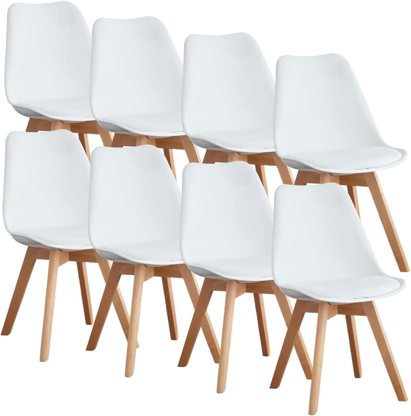 OLIXIS Dining Chairs Set of 4, Mid Century Modern Accent Chairs with Curved Backrest and Wood Legs, PU Leather Upholstered Kitchen Side Chair for Living Room, Bedroom, Outdoor Patio, White — White / 8 PC