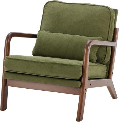 DUMOS Mid Century Modern Accent Chair, Armchair with Lumbar Pillow and Waist Cushion, Solid Wood Frame Lounge Chair for Living Room, Bedroom, Reading Nook, Small Apartment Corner, Ivory White — Classic Green / 1 Pack