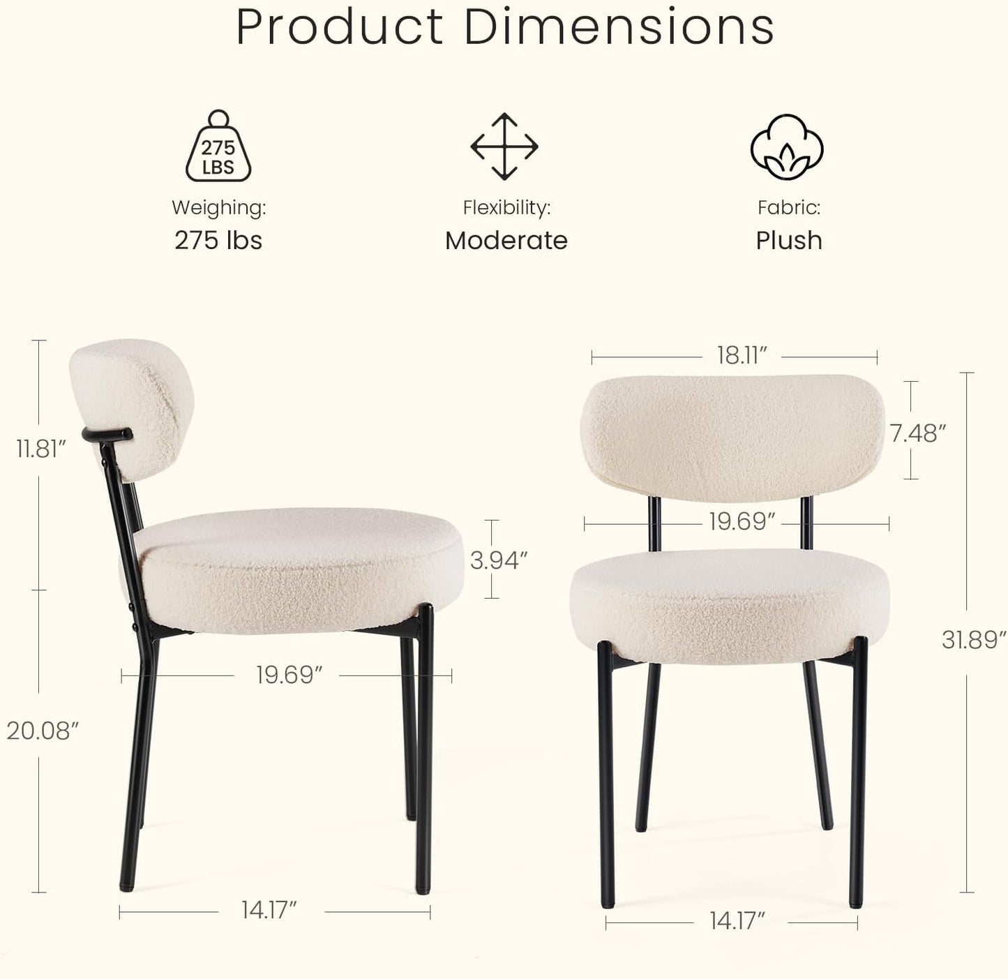 DUMOS Dining Chairs Set of 2, Mid Century Modern Chair Round Upholstered Curved Backrest, Kitchen Vanity Living Room Chairs with Black Metal Legs，Ivory White — Ivory White / Set of 2 (2)