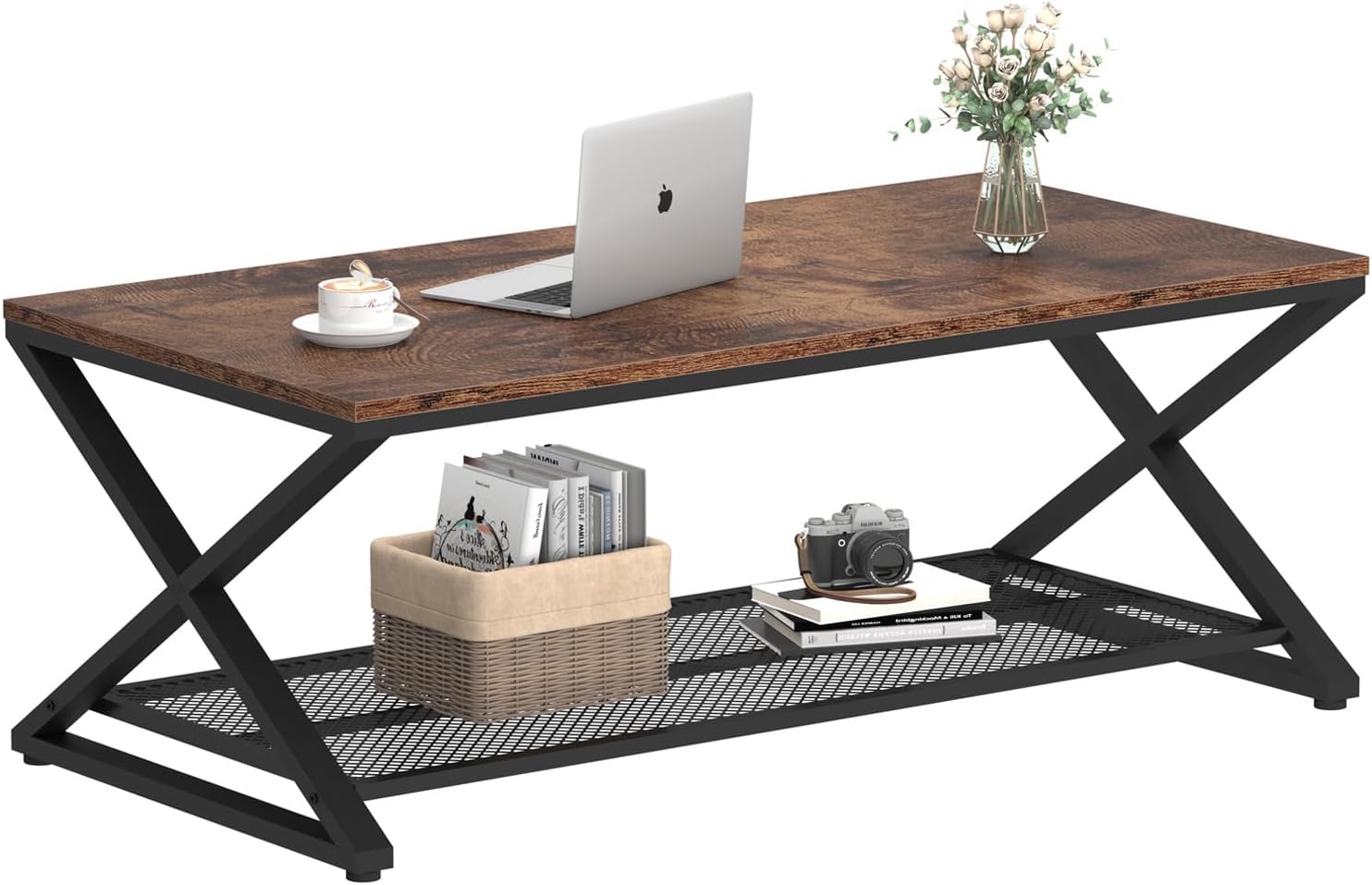 LVB Coffee Table for Living Room, 2 Tier Tea Table, 47 inch, Rustic Brown | Industrial Metal Wood Coffee Table with Storage, Farmhouse Wooden Rectangle Center Table with Mesh Shelf for Office Bedroom — Rustic Brown / 47 inch (7)