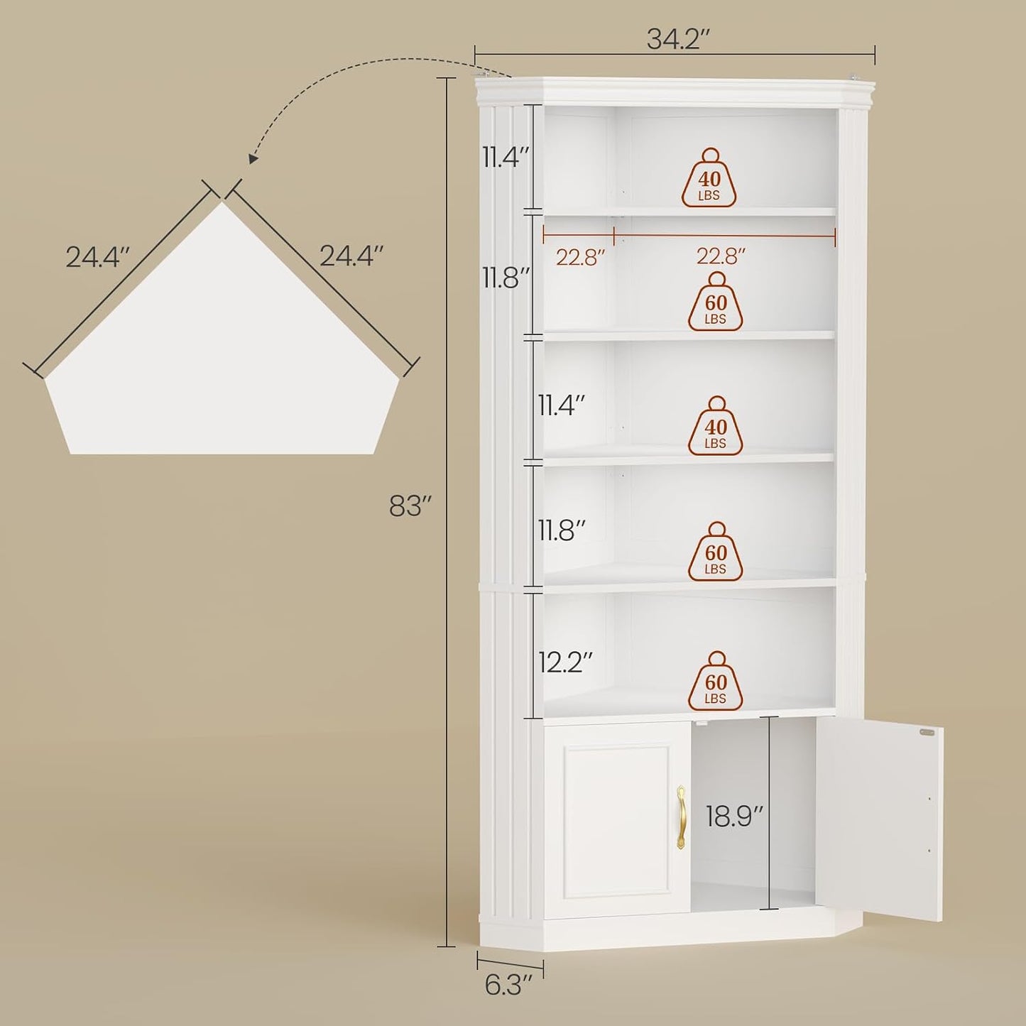 UPOSOJA 83” Tall Corner Bookshelf with Storage Cabinet, L-Shaped 5 Tier Bookcase Open Racks, Classical Style Bookshelves Adjustable Shelves, Home Office, Living Room & Kitchen — White (2)