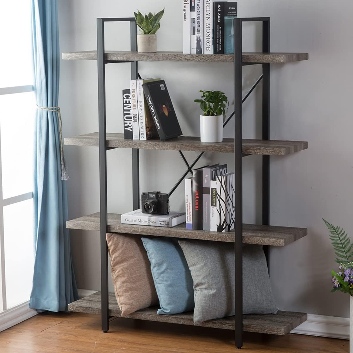 HSH White Bookshelf, 6 Tier Tall Bookcases for Bedroom Living Room Office | Industrial Modern Vertical Metal and Wood Bookcases, Farmhouse 6 Shelf Open Large Storage Book Shelves Display Book Shelf — 4-Tier / Light Grey Oak