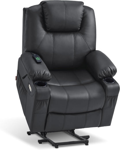 MCombo Electric Power Lift Recliner Chair Sofa with Massage and Heat for Elderly, 3 Positions, 2 Side Pockets, and Cup Holders, USB Ports, Faux Leather 7040 (Grey, Medium) — Medium / Black