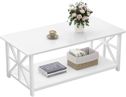 GreenForest Round Corners Coffee Table for Living Room | Rustic Style Center Table with Storage Shelf,39 Inch Space Saving Sofa Table,Easy Assembly,Gray Wash — Full White / Rectangle
