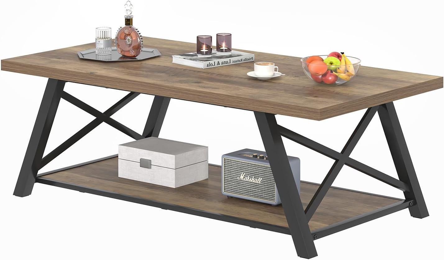 EXCEFUR Modern Coffee Table, Rectangle Center Table for Living Room with Storage Shelf, Industrial Wood and Metal Cocktail Tea Table, Rustic Oak, 47 Inch — Rustic Oak (8)