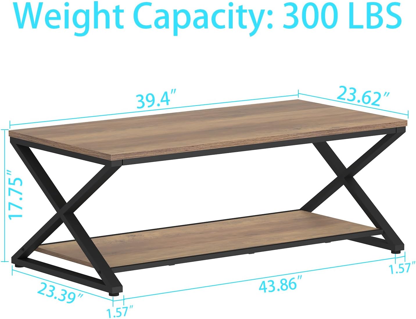 HSH Rustic Farmhouse Coffee Table, Modern Minimalist Wood and Metal Living Room Table, 2 Tie Rectangle Center Table with Storage & Display Shelf, Simple Office Cocktail Tea Table, Rustic Oak, 39 Inch — 39 Inch / Rustic Oak (2)