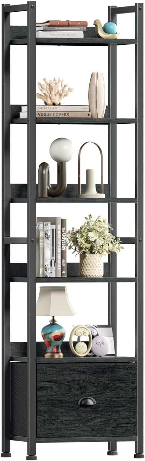 Furologee 5 Tier Bookshelf with Drawer, Tall Narrow Bookcase with Shelves, Wood and Metal Bookshelves Storage Organizer, Industrial Display Standing Shelf Unit for Bedroom, Living Room, Rustic Brown — Black Oak / 6 Tier -1 PCS