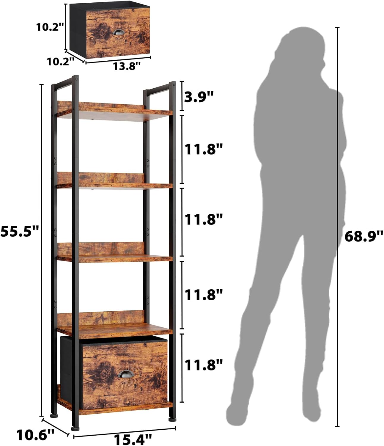 Furologee 5 Tier Bookshelf with Drawer, Tall Narrow Bookcase with Shelves, Wood and Metal Bookshelves Storage Organizer, Industrial Display Standing Shelf Unit for Bedroom, Living Room, Rustic Brown — Rustic Brown / 5 Tier -1 PCS (3)