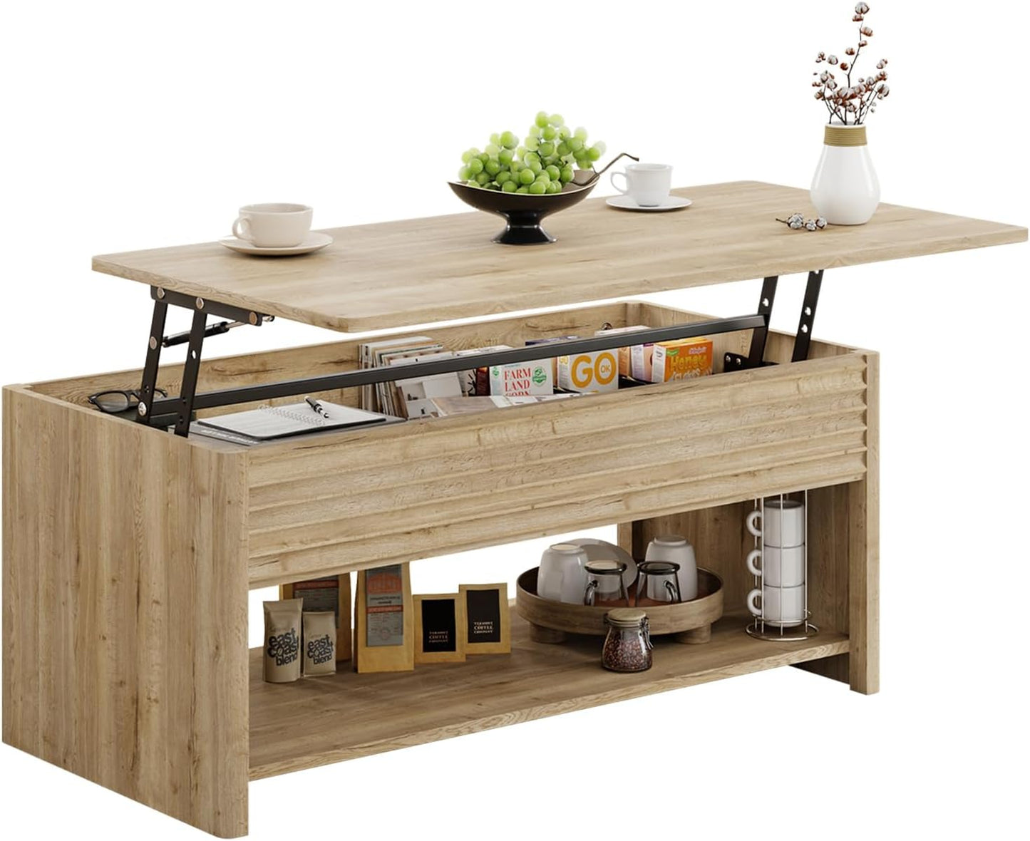 Fluted Lift Top Coffee Table with Hidden & Open Storage, Rectangle Modern Coffee Table for Living Room, Smooth Hydraulic Lift, Large Capacity, Safe Round Corners, Easy to Clean, Vertical Grain-Brown — Horizontal Grain-natural