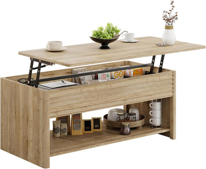 Fluted Lift Top Coffee Table with Hidden & Open Storage, Rectangle Modern Coffee Table for Living Room, Smooth Hydraulic Lift, Large Capacity, Safe Round Corners, Easy to Clean, Vertical Grain-Brown — Horizontal Grain-natural