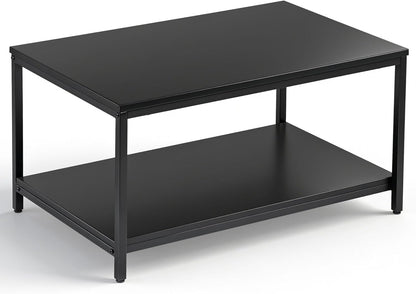 SUPER DEAL 2-Tier Industrial Coffee Table with Storage Shelf for Small Apartment Living Room, Rectangle Wood and Stable Metal TV Stand Side End Table, Rustic Brown — Black / 31.5in