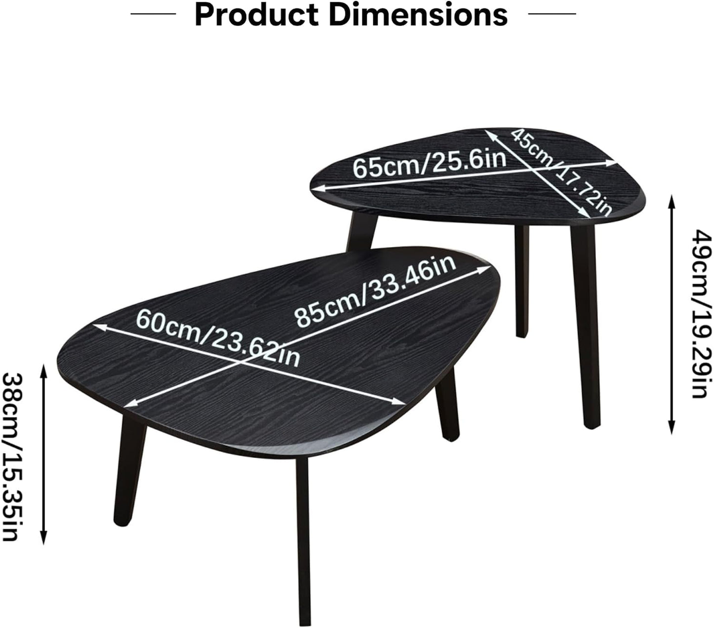 Nesting Coffee Table Set of 2-Mid Century Modern Coffee Table | Guitar Pick Stacking Tables with Solid Wood Legs,Small Coffee Tables for Small spaces,Living Room,Balcony — Black (2)