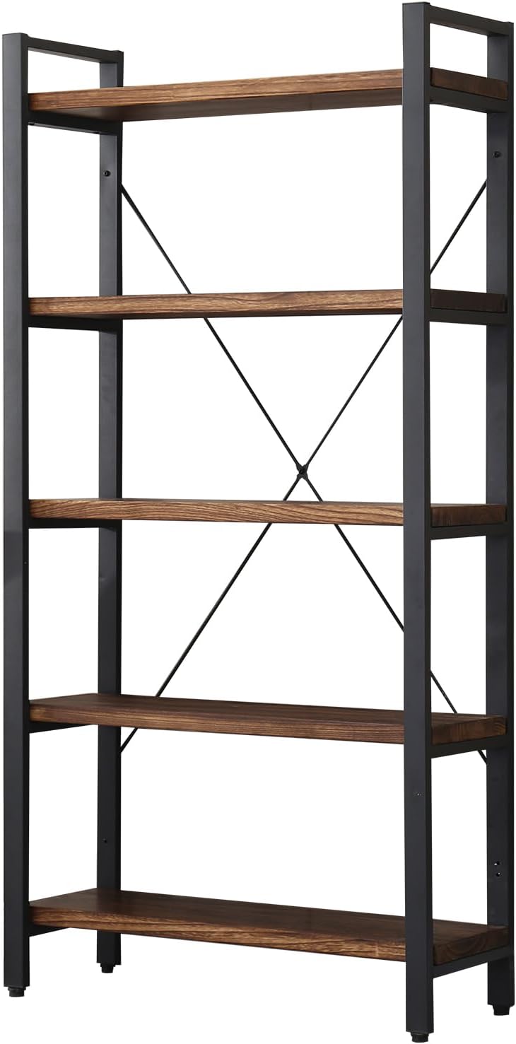 WH-AOERPUMY 5 Tier Bookcase, Solid Wood Bookshelf Rustic Vintage Industrial Etagere Bookcase, Metal and Wood Free Vintage Bookshelf, Retro Brown (5-Tiers) — 5-Tiers-Solid Wood (7)