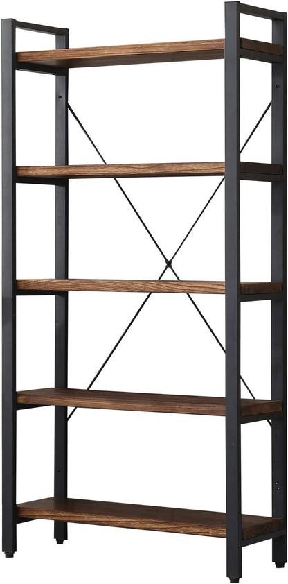 WH-AOERPUMY 5 Tier Bookcase, Solid Wood Bookshelf Rustic Vintage Industrial Etagere Bookcase, Metal and Wood Free Vintage Bookshelf, Retro Brown (5-Tiers) — 5-Tiers-Solid Wood (7)
