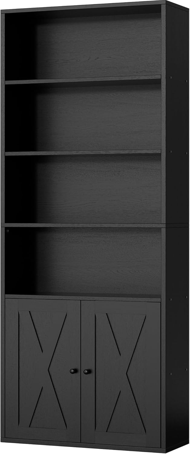 Shintenchi Bookshelf, Industrial Bookshelves and Bookcases with Doors Floor Standing 6 Shelf Display Storage Shelves 70.9 inches Tall Bookcase for Home Office, Living Room (Black) — Black