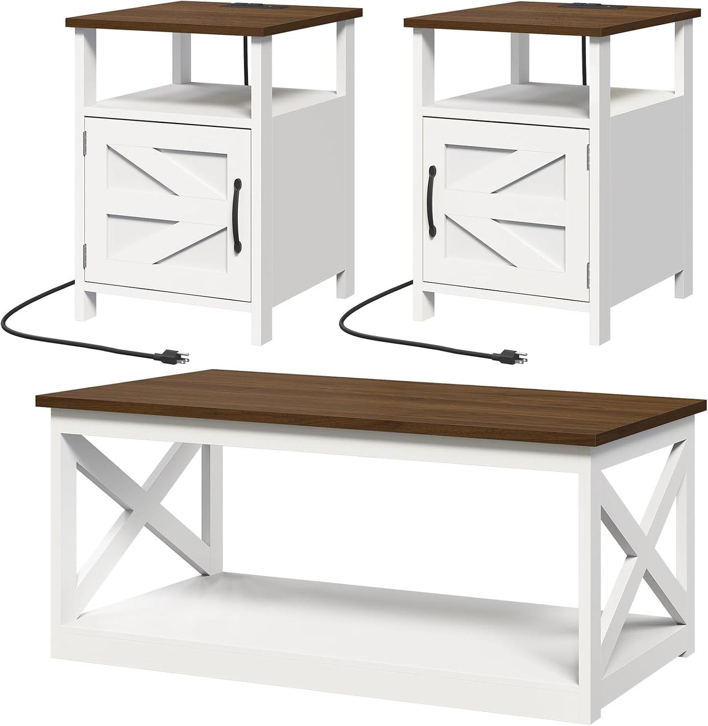 3 Pieces Farmhouse Coffee Table and End Table Sets with AC | 2 Side Tables with USB Ports for Living Room, Office, Apartment, White and Walnut
