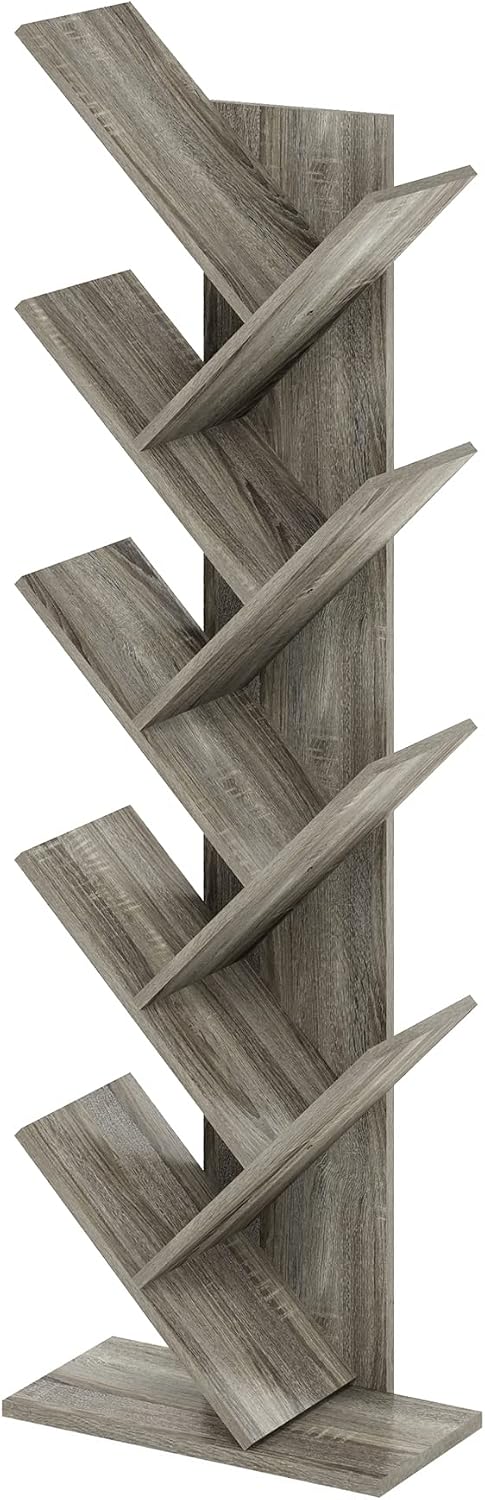 Furinno LUDER Book Shelf, 5-Cube Bookshelf, Reversible Bookcase, 9.4 x 19.5 x 31.5, Easy Assembly, for Living Room, Bedroom, Home Office, White — French Oak / 9-Tier Tree Bookcase