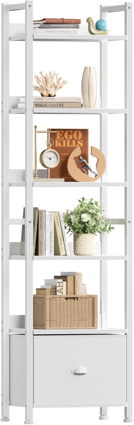 Furologee 5 Tier Bookshelf with Drawer, Tall Narrow Bookcase with Shelves, Wood and Metal Bookshelves Storage Organizer, Industrial Display Standing Shelf Unit for Bedroom, Living Room, Rustic Brown — White / 6 Tier -1 PCS