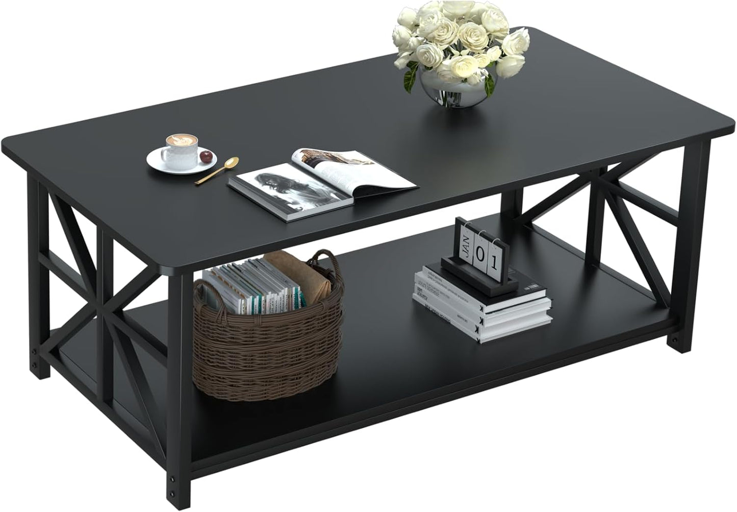 GreenForest Round Corners Coffee Table for Living Room | Rustic Style Center Table with Storage Shelf,39 Inch Space Saving Sofa Table,Easy Assembly,Gray Wash — Black / Rectangle