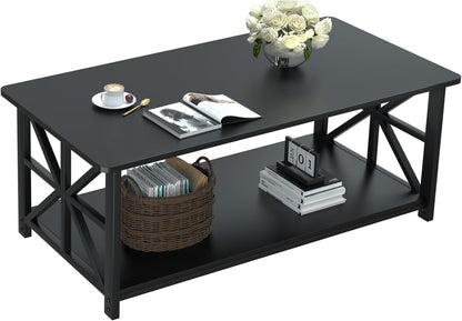 GreenForest Round Corners Coffee Table for Living Room | Rustic Style Center Table with Storage Shelf,39 Inch Space Saving Sofa Table,Easy Assembly,Gray Wash — Black / Rectangle