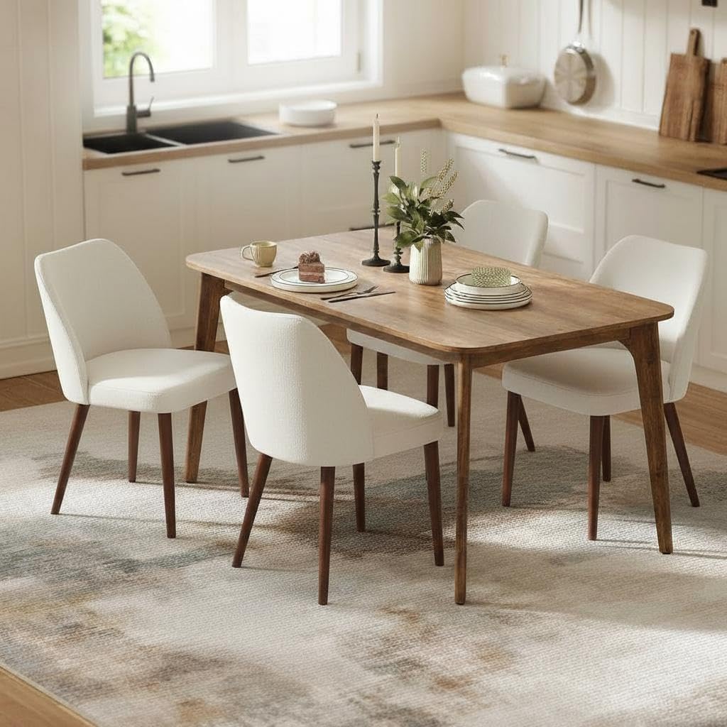 GarveeHome Wooden Dining Chair Set of 4 Upholstered Fabric Dining Chair | Modern Kitchen Chairs with Curved Backrest Leveling Feet for Dining Room, Living Room, , No tool assembly, No Wobble, White — White