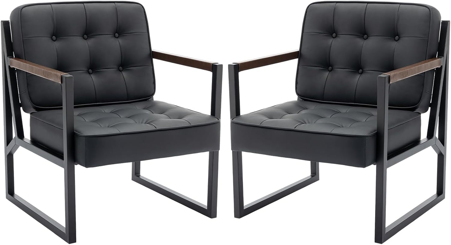 COLAMY Mid Century Modern Accent Chair Set of 2, Comfy Living Room Chair, Black Leather Accent Chair, Faux Leather Reception Armchair with Metal Legs for Living Room Bedroom Reception Office, Black — Black / Set of 2 (9)