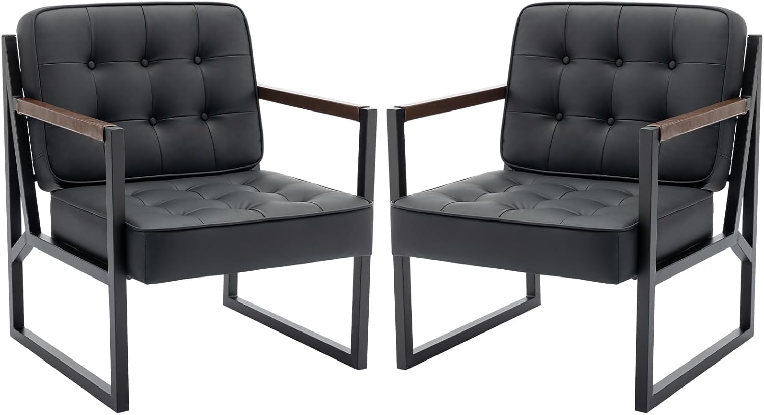 COLAMY Mid Century Modern Accent Chair Set of 2, Comfy Living Room Chair, Black Leather Accent Chair, Faux Leather Reception Armchair with Metal Legs for Living Room Bedroom Reception Office, Black — Black / Set of 2 (9)